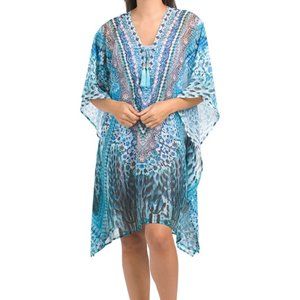 True Colour By La Moda Blue Watercolor Rhinestone Caftan Tie Cover Up